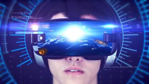 Young man wearing VR headset and experiencing 3D virtual reality. 3D Rendering. Stockillustratie