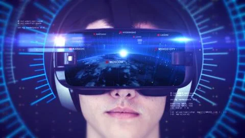 Young man wearing VR headset and experiencing 3D virtual reality. 3D Rendering. Stock-Illustration