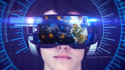 Young man wearing VR headset and experiencing 3D virtual reality. 3D Rendering. Stock-Illustration