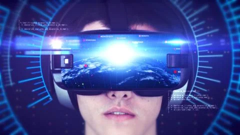 Young man wearing VR headset and experiencing 3D virtual reality. 3D Rendering. Illustrazione stock