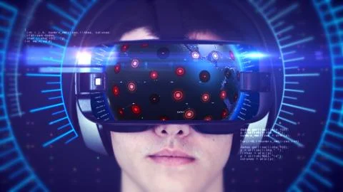 Young man wearing VR headset and experiencing 3D virtual reality. 3D Rendering. Stock Illustration