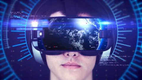 Young man wearing VR headset and experiencing 3D virtual reality. 3D Rendering. Stock-Illustration
