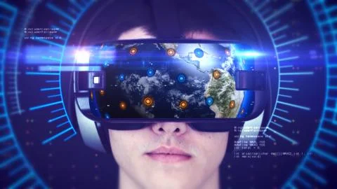 Young man wearing VR headset and experiencing 3D virtual reality. 3D Rendering. Stock-Illustration