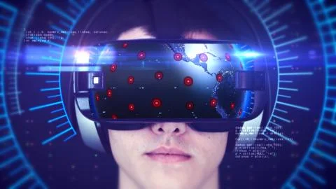 Young man wearing VR headset and experiencing 3D virtual reality. 3D Rendering. Stockillustratie
