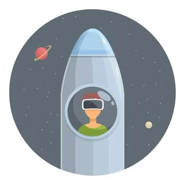 Young man wearing vr headset exploring space from rocket window Stock Illustration