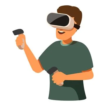 Young man wearing vr headset and holding controllers is immersed in virtual r Stock Illustration