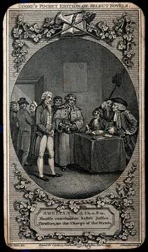 A young man (William Booth) stands before a table at which sit a magistrate.. Illustrazione stock
