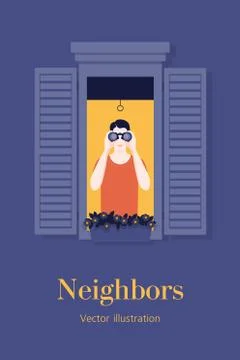 A young man from the window looking through binoculars. Neighborhood. Spy. Stock Illustration