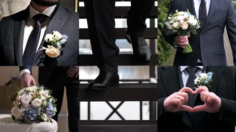 A young man without a face or the groom walks with a bridal bouquet. collage Stock Footage 260976224