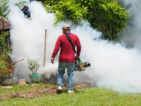 Young man worker are working fogging to eliminate mosquitoes Stock Photos