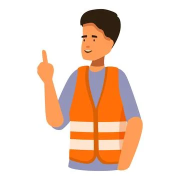 Young man worker character wearing orange safety vest pointing up with finger Stock Illustration