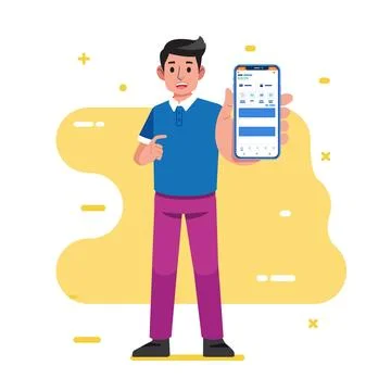 Young man worker stand show phone screen and show Advertising or presentation Stock-Illustration