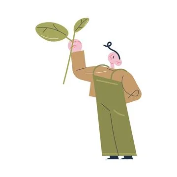 Young man worker in uniform standing holding branch of tea plant with leaves Illustrazione stock
