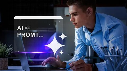 Young man working on AI project with laptop, focused on digital development in Foto stock