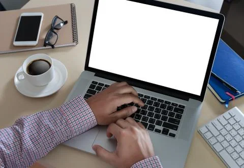 Young man working Businessman using a desktop computer of the blank screen 스톡 사진