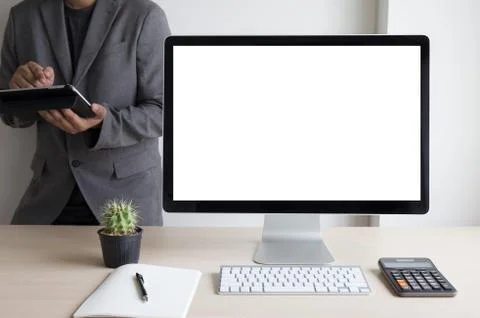 Young man working Businessman using a desktop computer of the blank screen Stock Photos