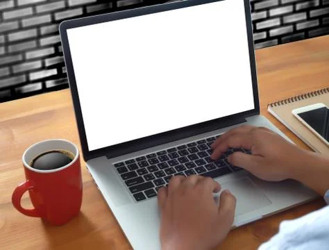 Young man working Businessman using a desktop computer of the blank screen Stockfoto's
