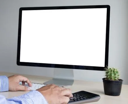 Young man working Businessman using a desktop computer of the blank screen Stock Photos