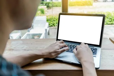 Young man working Businessman using a desktop computer of the blank screen Stock Photos
