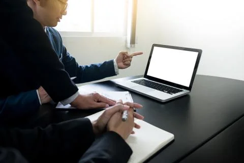 Young man working Businessman using a desktop computer of the blank screen. Foto stock
