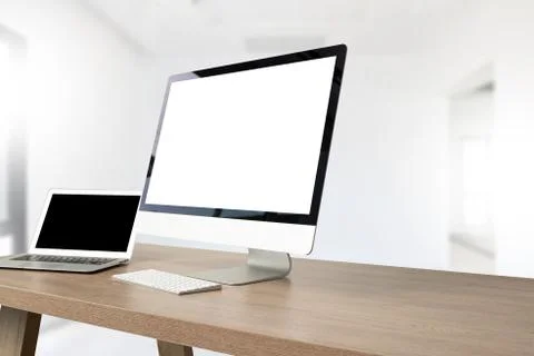 Young man working Businessman using a desktop computer of the blank screen Stock Photos