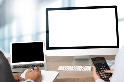 Young man working Businessman using a desktop computer of the blank screen Stock Photos