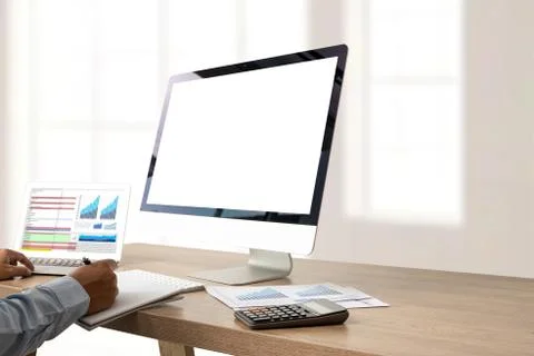 Young man working Businessman using a desktop computer of the blank screen Stock Photos