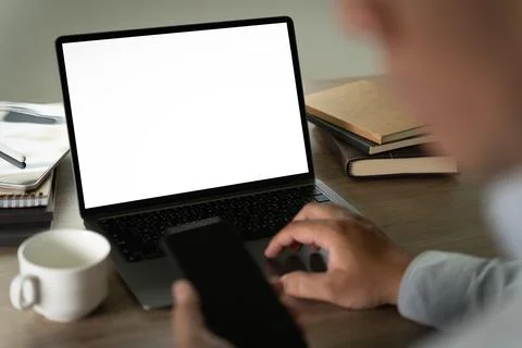 Young man working Businessman using a desktop computer of the blank screen Stock Photos