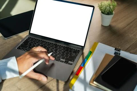 Young man working Businessman using a desktop computer of the blank screen Stock Photos