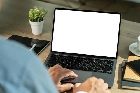 Young man working Businessman using a desktop computer of the blank screen Stockfoto's