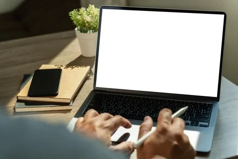 Young man working Businessman using a desktop computer of the blank screen Stockfoto's