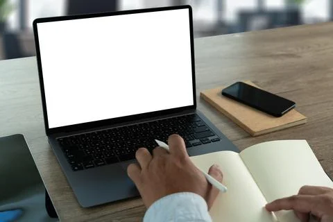 Young man working Businessman using a desktop computer of the blank screen. Stock Photos