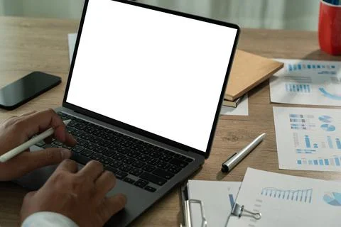 Young man working Businessman using a desktop computer of the blank screen Stock Photos