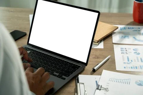 Young man working Businessman using a desktop computer of the blank screen Foto stock