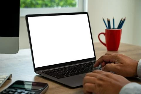 Young man working Businessman using a desktop computer of the blank screen 스톡 사진