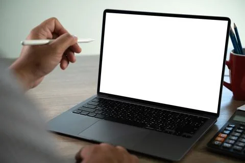 Young man working Businessman using a desktop computer of the blank screen. Foto stock