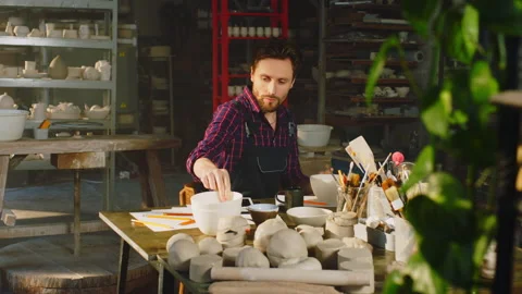 Young Man Is Working In Ceramics Studio Stock Footage 170025323