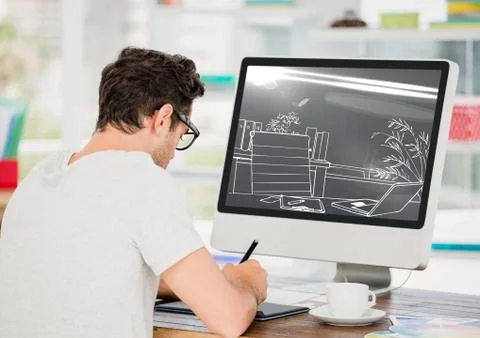 Young man working in on the computer on the design of the new office (two-tone> Stock Photos