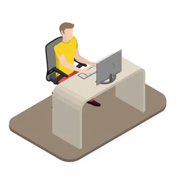 A young man working at a computer, a designer at a table, a working place in イラスト素材