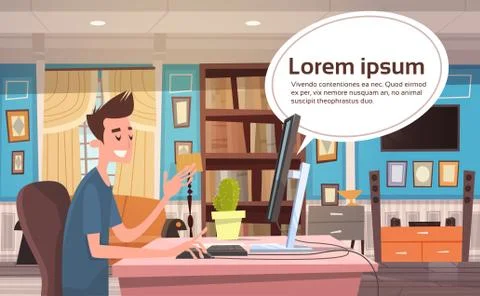 Young Man Working At Computer At Home Banner With Chat Bubble Copy Space From Stock Illustration