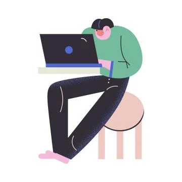 Young man working on computer in office vector illustration Stock Illustration