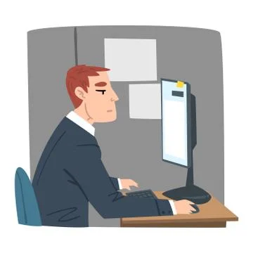 Young Man Working on Computer in Office, Businessman or Office Worker Daily Stock Illustration
