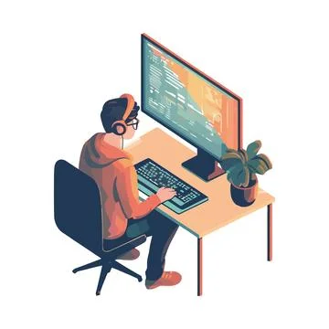 Young man working on computer program Illustrazione stock