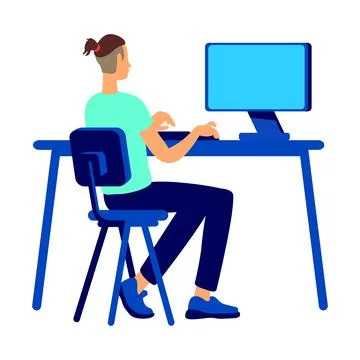 Young man working on computer semi flat color vector character Stock-Illustration