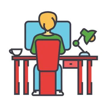 Young man working on computer sitting behind the office desk concept. Stock Illustration