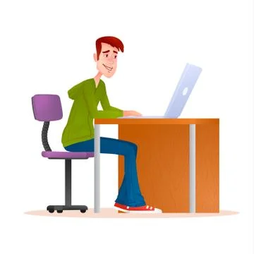 Young man working on computer. Smiling teenager. Stock Illustration