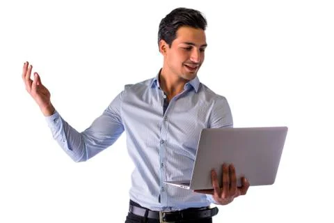 Young man working with computer standing Stock Photos