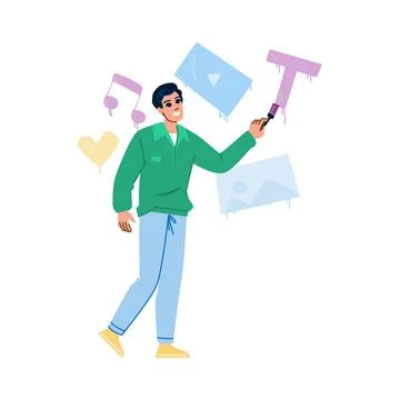 Young man working as content creator is adding text to multimedia social medi Illustrazione stock