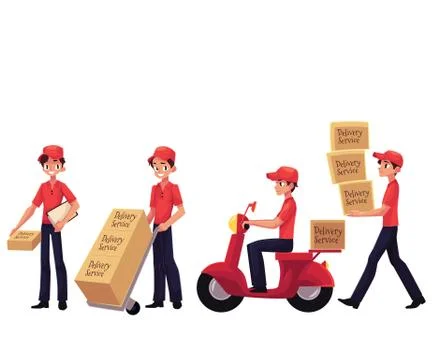 Young man working as courier, delivering goods, parcel, boxes Stock Illustration