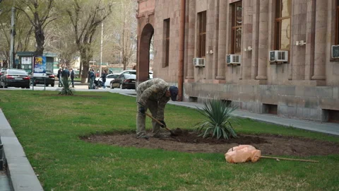 Young man working in garden leveling fertile ground soil with rake. Static shot. Stock Footage 176331670